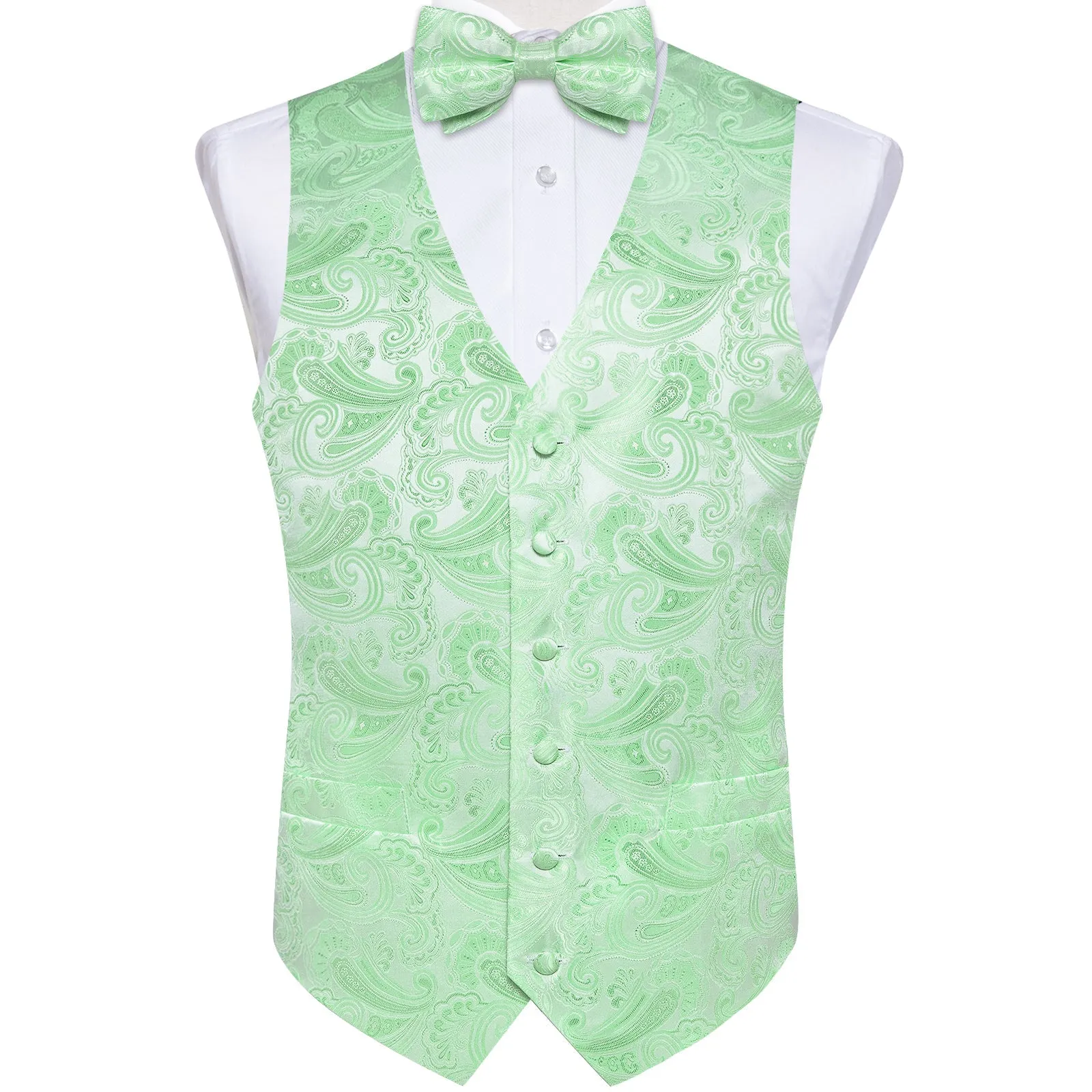 Ties2you Men's Vest SeaFoam Green Paisley Vest Pre-Tied Bow Tie Set