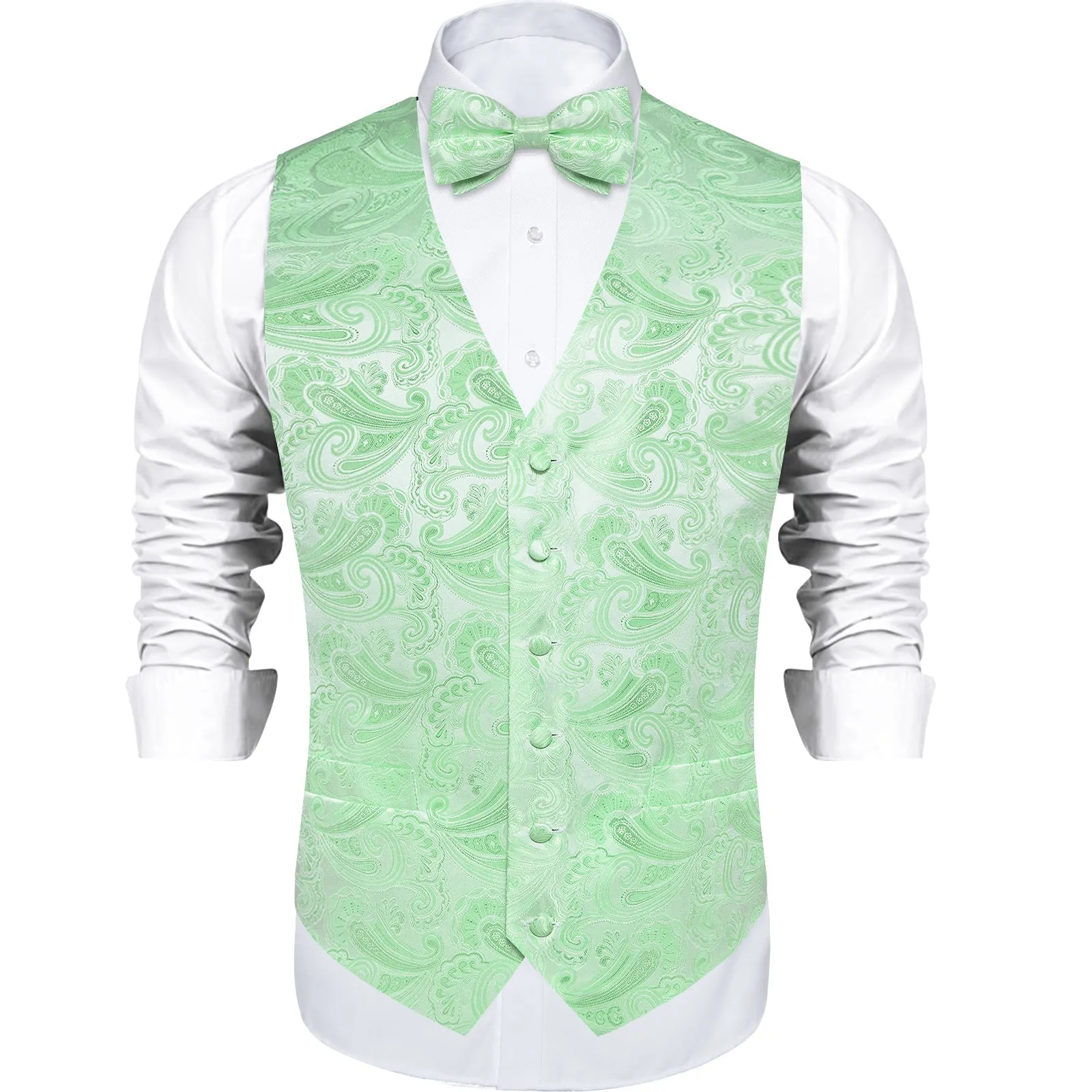 Ties2you Men's Vest SeaFoam Green Paisley Vest Pre-Tied Bow Tie Set