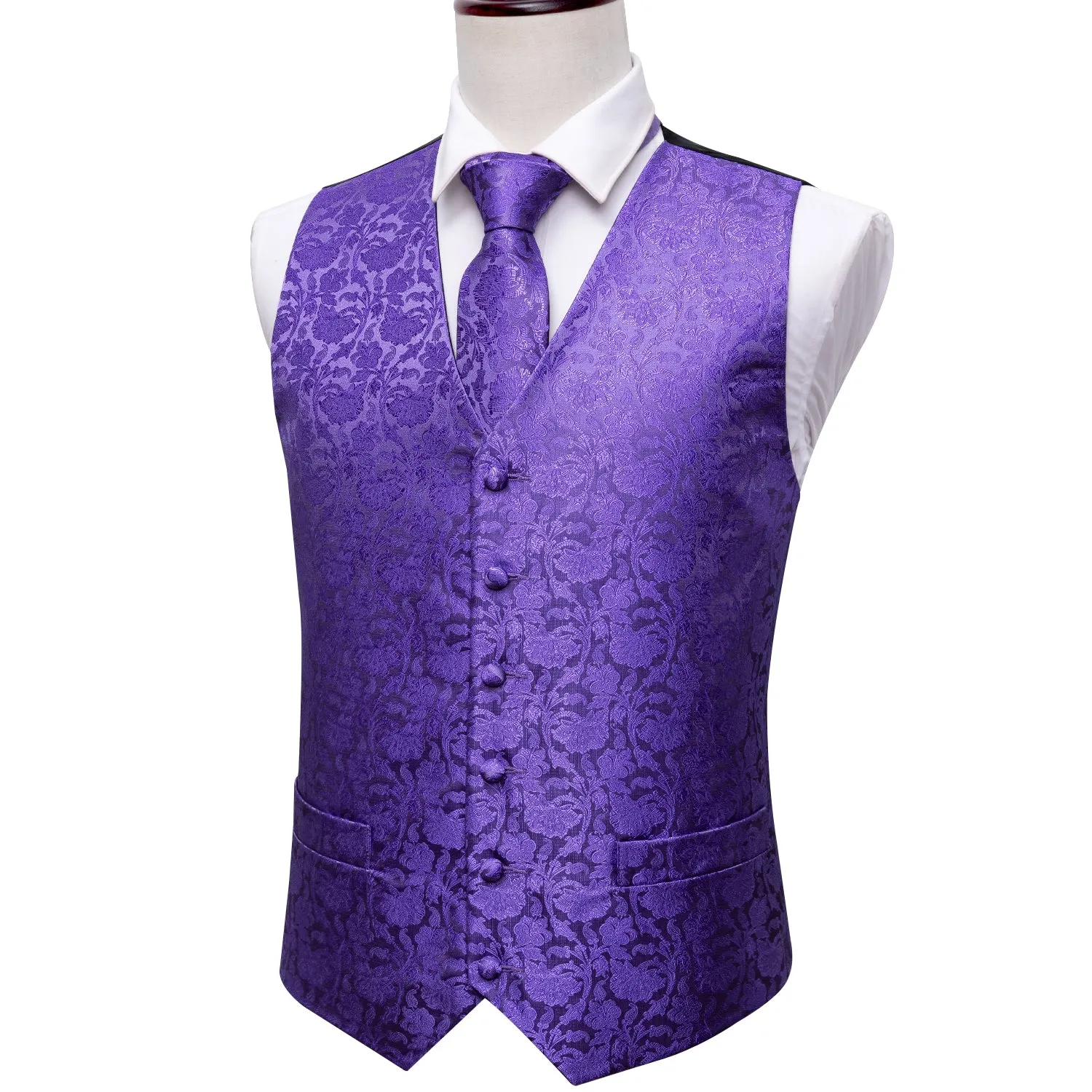 Ties2you Men's Vest Slate Blue Purple Floral Waistcoat Tie Hanky Cufflinks Set