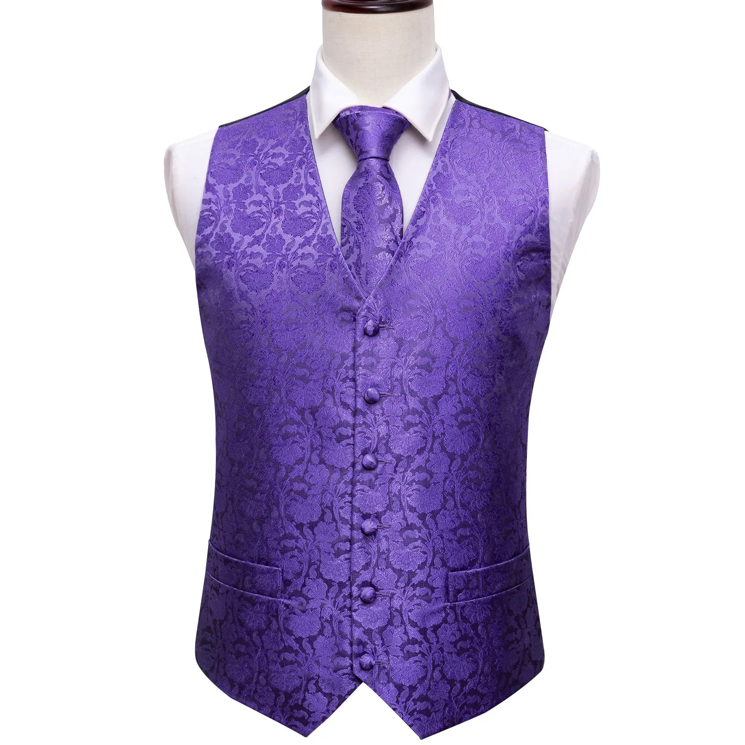 Ties2you Men's Vest Slate Blue Purple Floral Waistcoat Tie Hanky Cufflinks Set