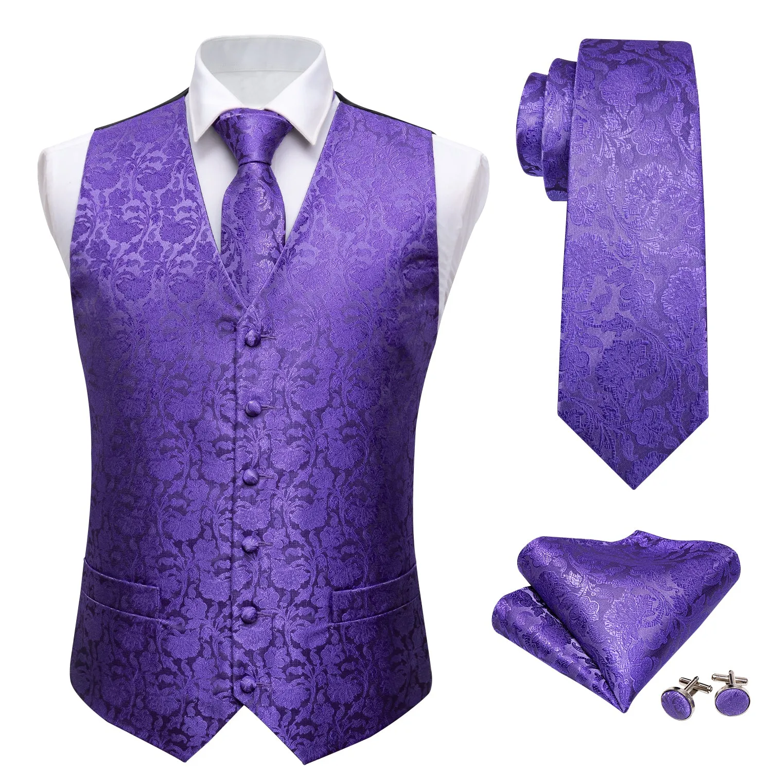 Ties2you Men's Vest Slate Blue Purple Floral Waistcoat Tie Hanky Cufflinks Set