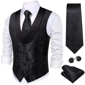 Ties2you Shawl Collar Vest Black Silk Paisley Men's Vest Tie Handkerchief Cufflinks Set