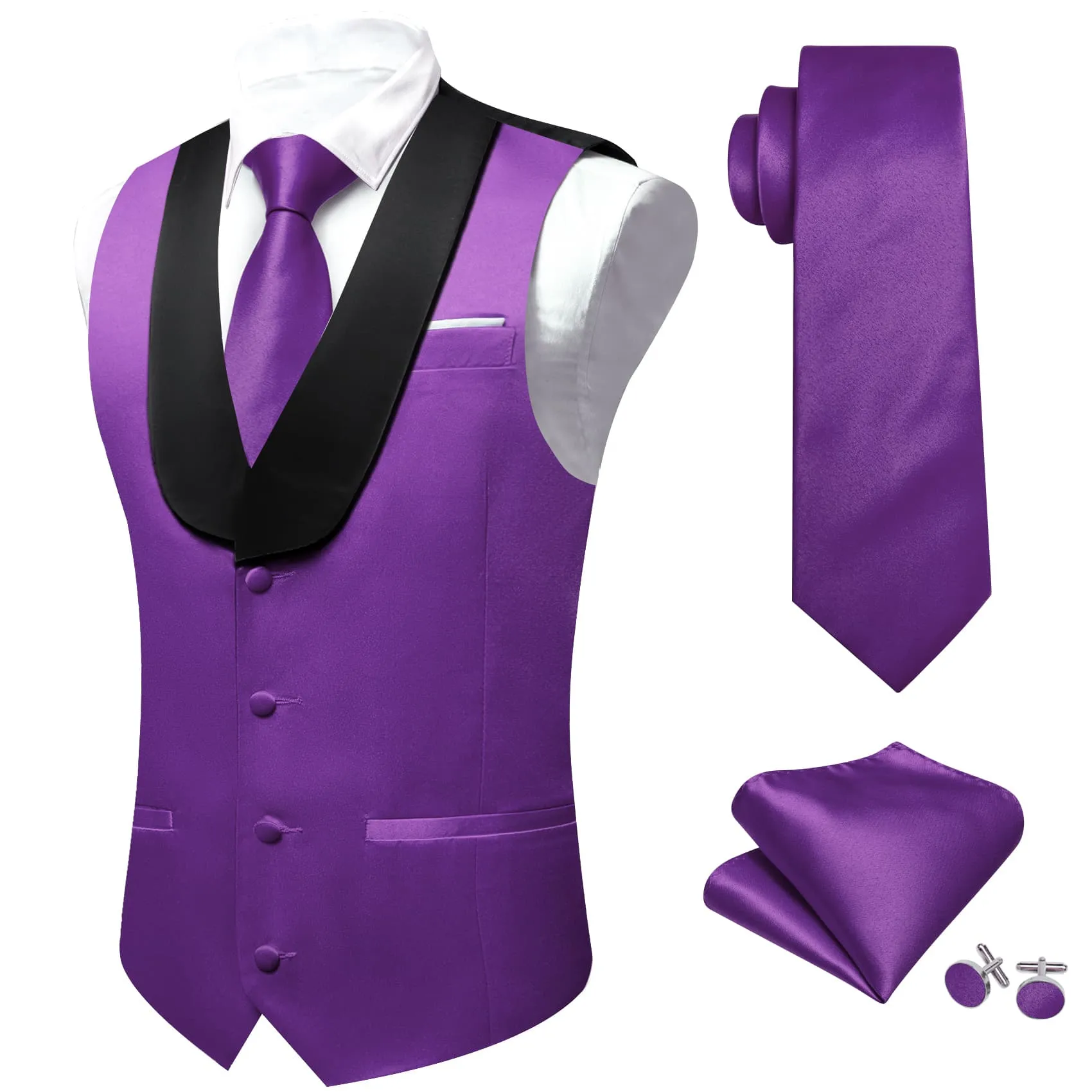 Ties2you Work Vest Purple Heart Solid Shawl Collar Button Mens Vest Tie Set