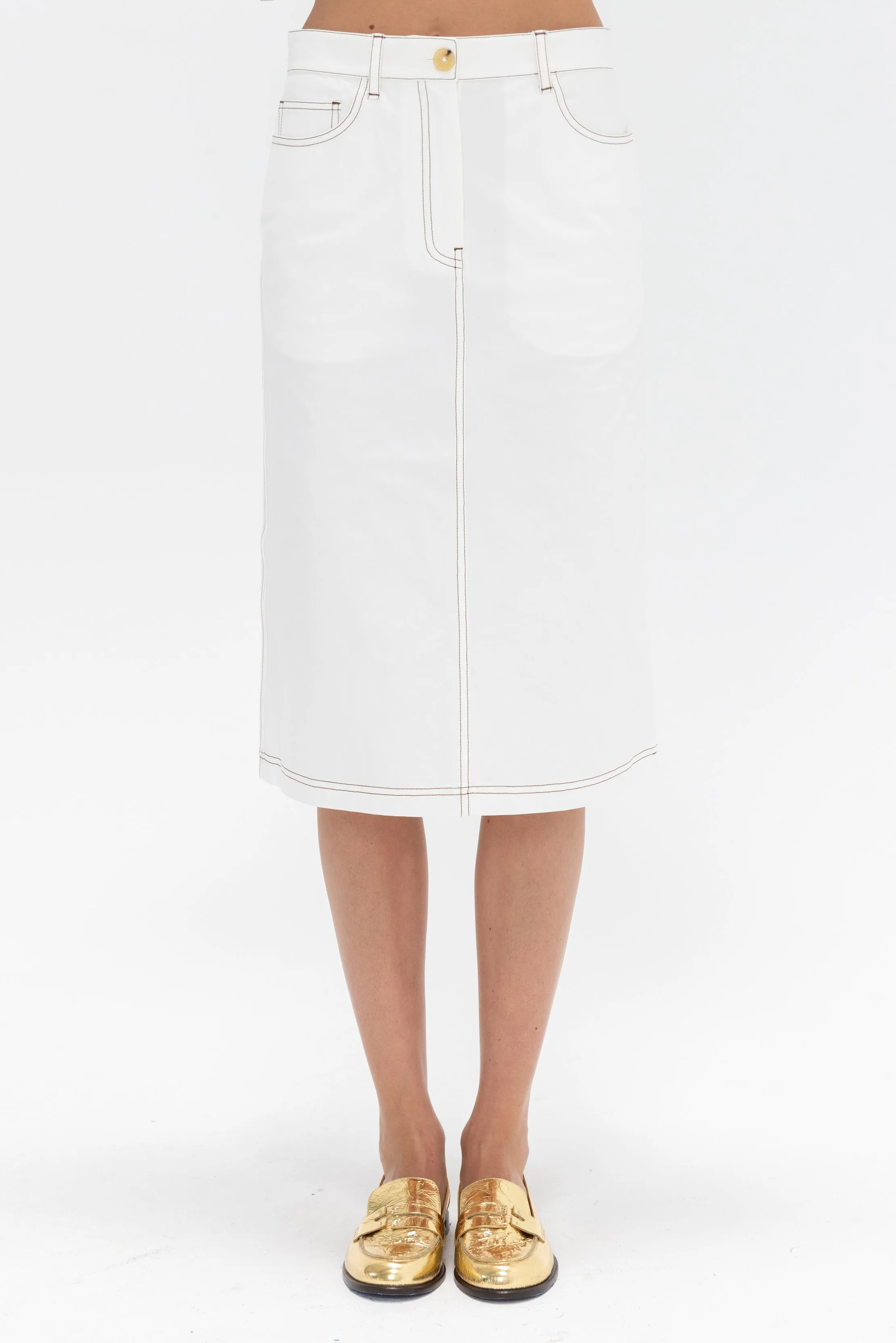 Tumbled Cotton Midi Skirt, White