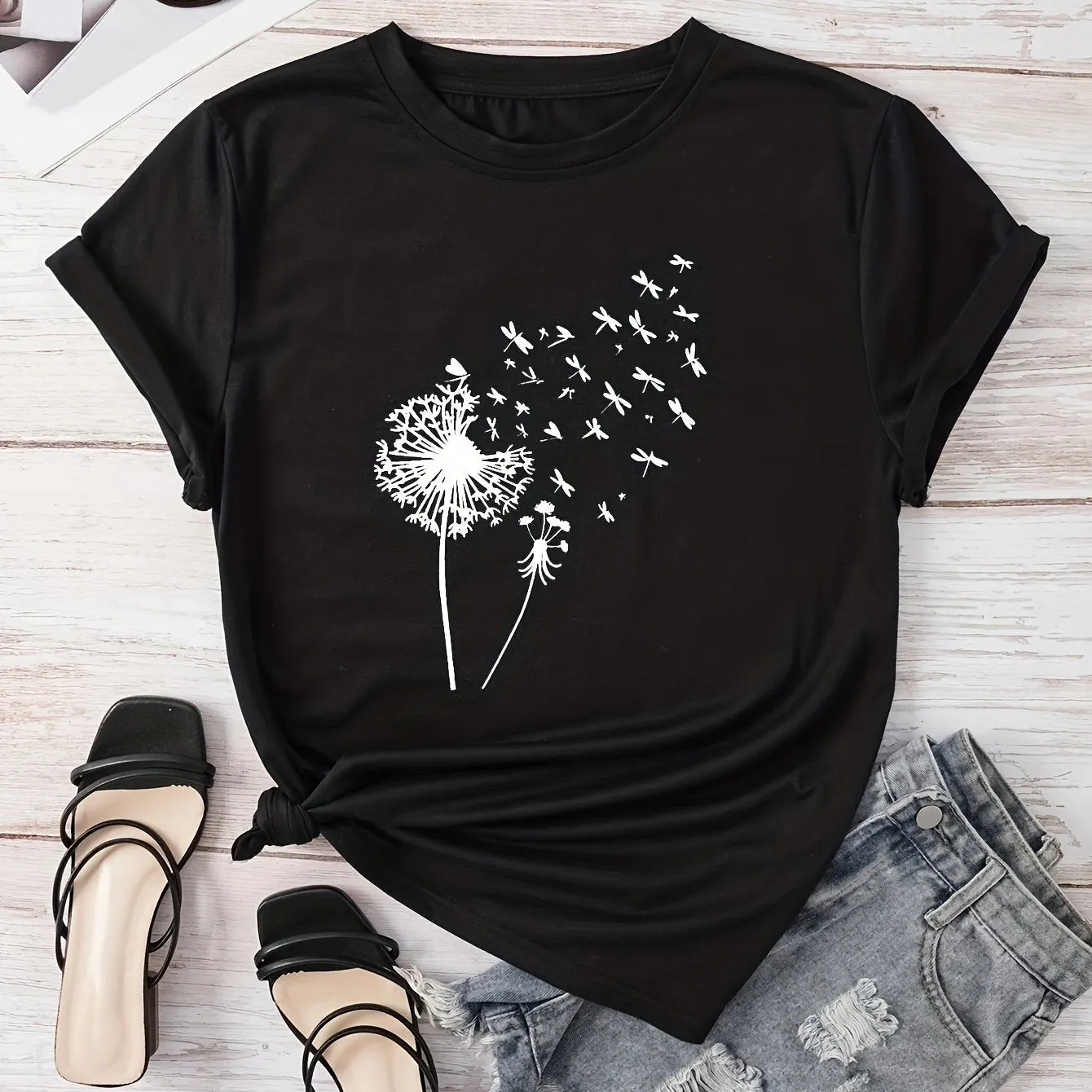 Vibrant Dandelion Print Crew Neck T-Shirt - Soft Micro Elasticity Polyester Fabric, Casual Short Sleeve Top for Spring & Summer, Womens Regular Fit Clothing with Random Plant Pattern