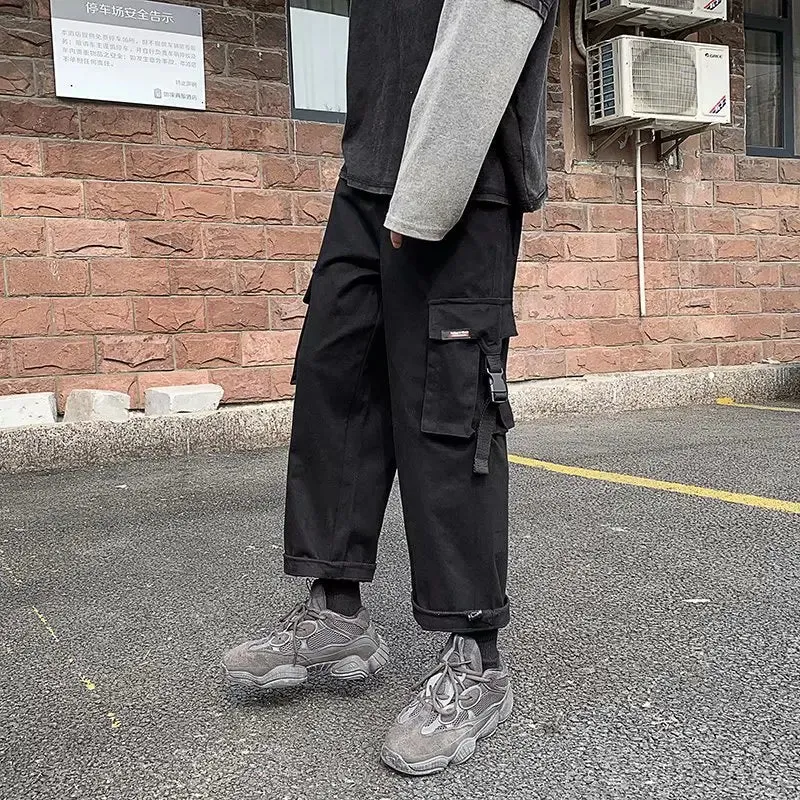 Wiaofellas  -  Loose Straight Leg Cargo Pants Men's Cargo Pants Spring and Autumn Casual Pants Wide-leg Casual Long Pants