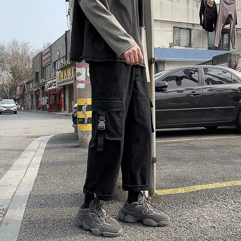 Wiaofellas  -  Loose Straight Leg Cargo Pants Men's Cargo Pants Spring and Autumn Casual Pants Wide-leg Casual Long Pants