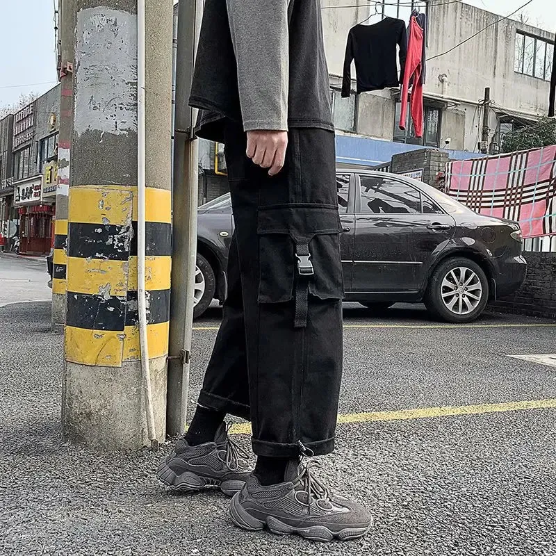 Wiaofellas  -  Loose Straight Leg Cargo Pants Men's Cargo Pants Spring and Autumn Casual Pants Wide-leg Casual Long Pants