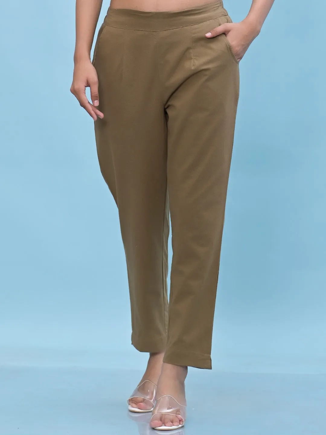 Women Brown Solid Cotton Pants With Partially Elasticated Waistband And Two Side Pockets