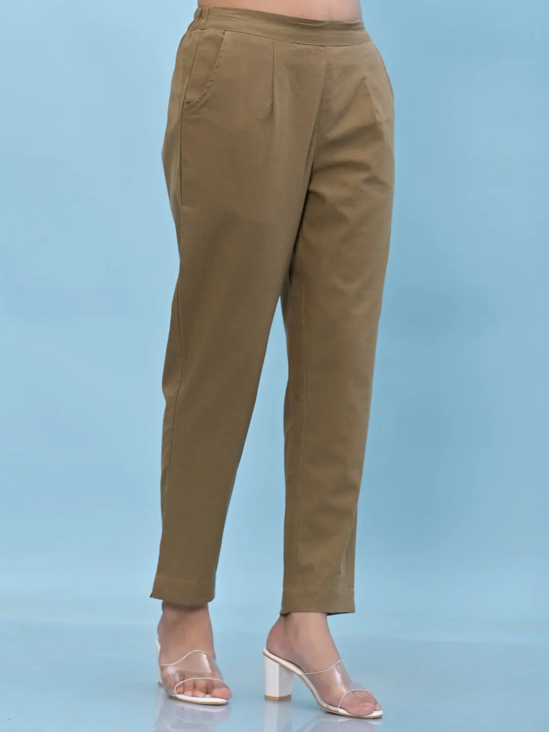 Women Brown Solid Cotton Pants With Partially Elasticated Waistband And Two Side Pockets