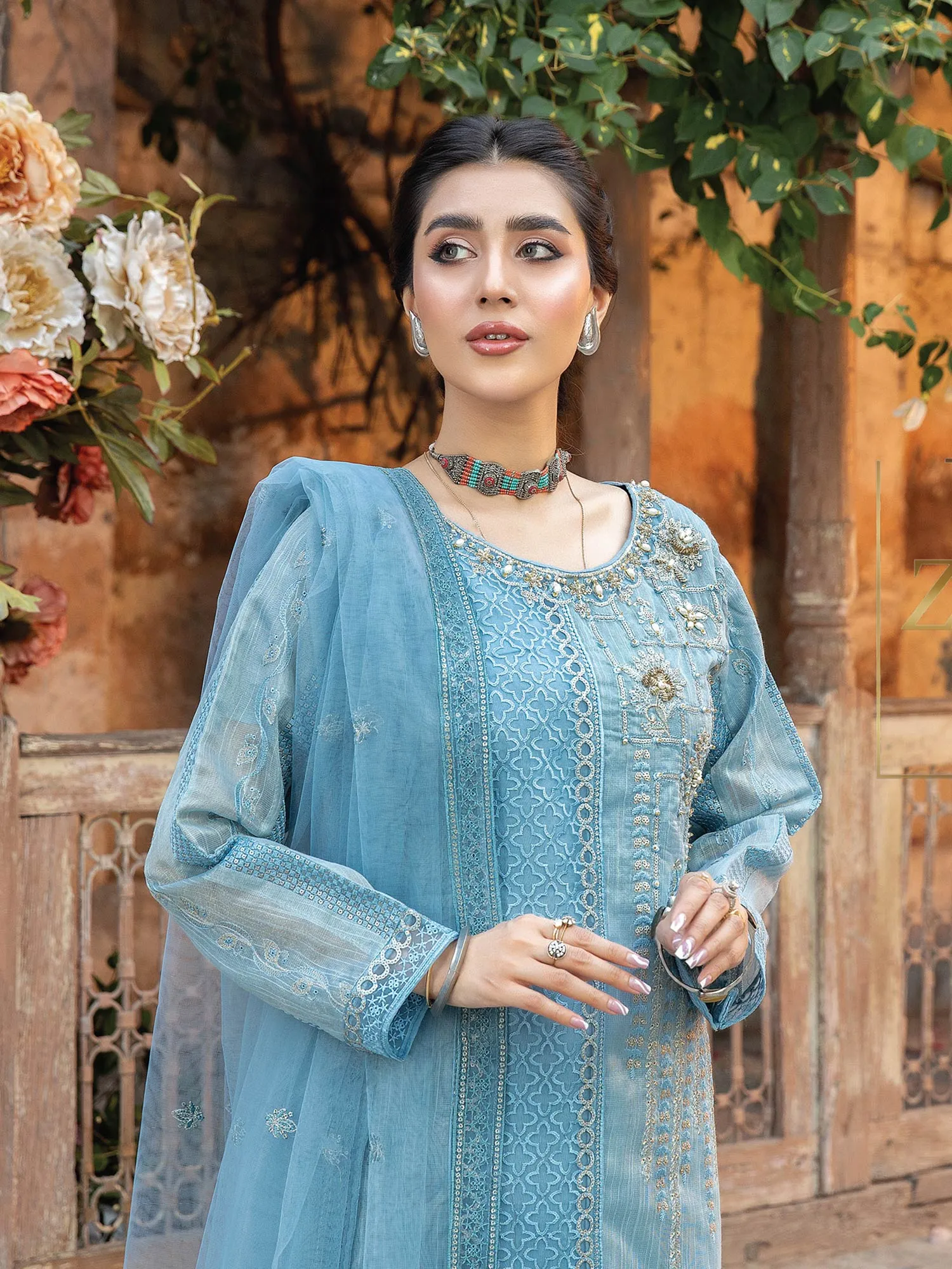 Zarqun "Virsa" Blue Fancy Embellished Net Suit (2314A)