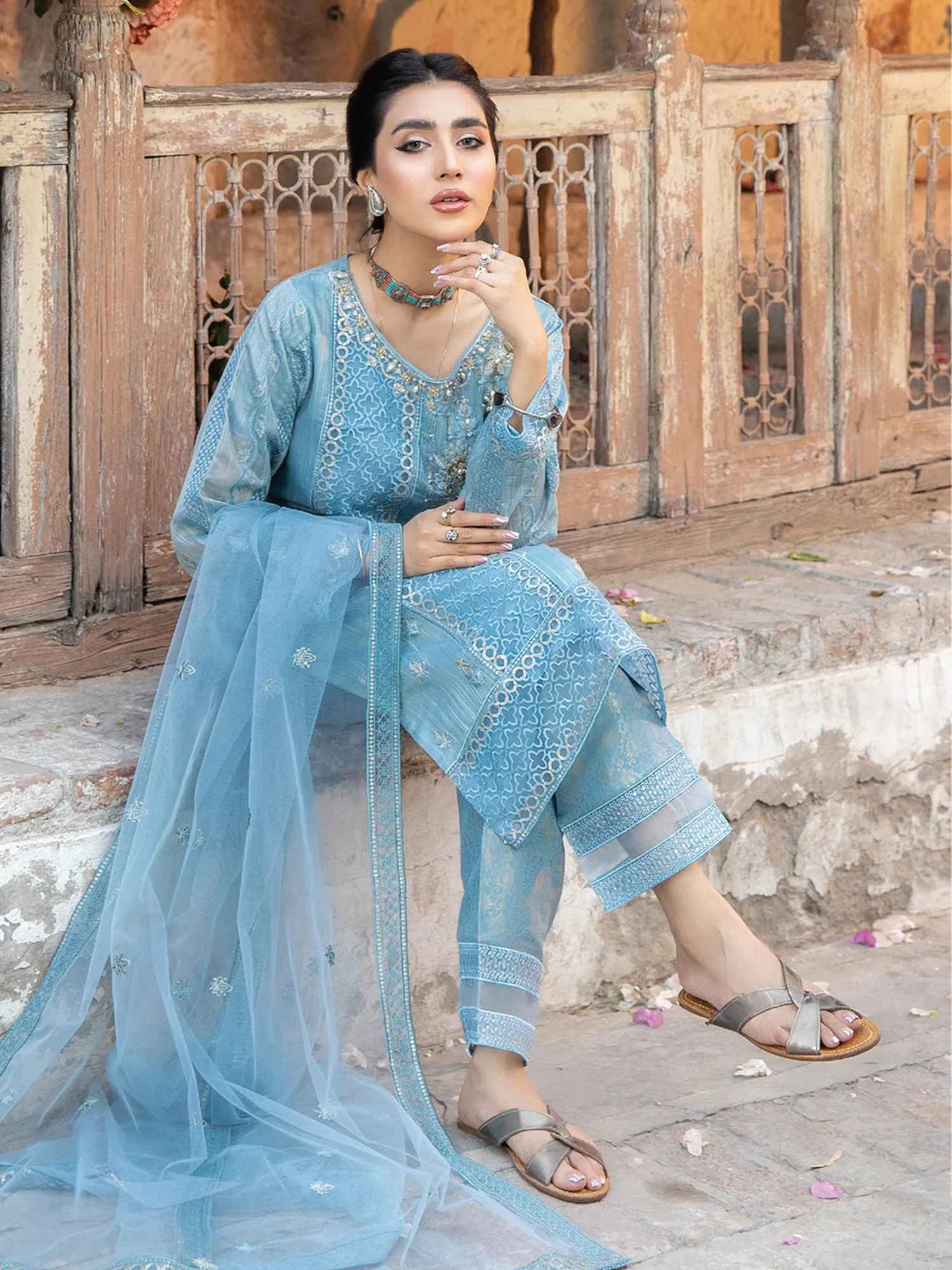 Zarqun "Virsa" Blue Fancy Embellished Net Suit (2314A)