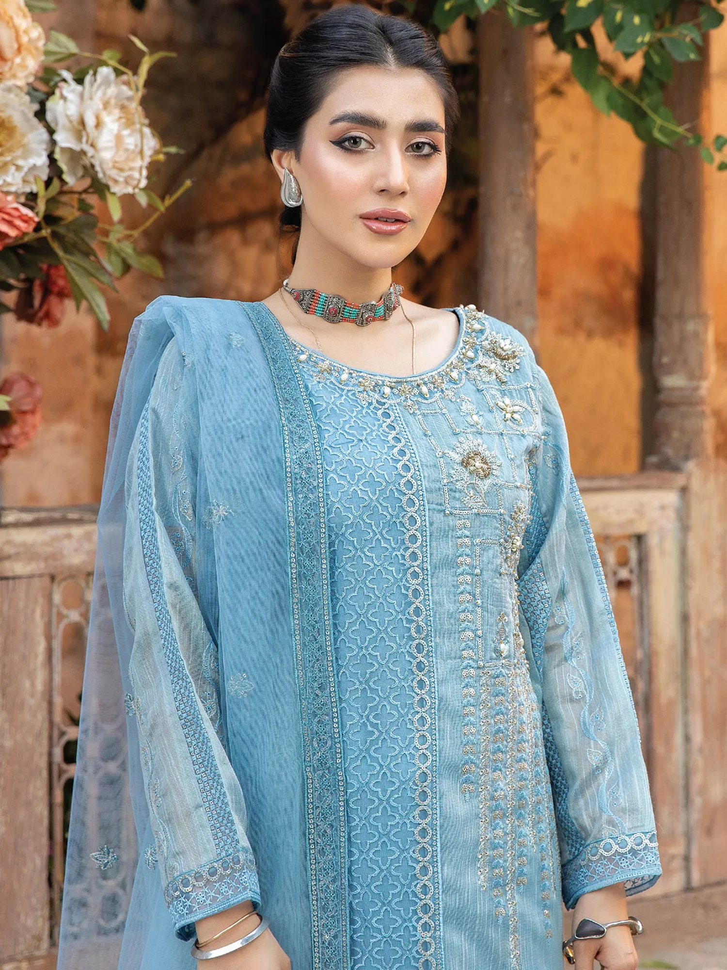 Zarqun "Virsa" Blue Fancy Embellished Net Suit (2314A)